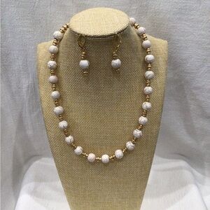 Chic Gold and Cream Beaded Necklace and Earring Set